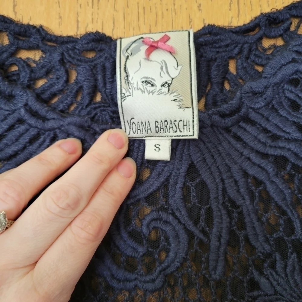 Yoana Baraschi navy blue see-through lace fishnet embroidered 3/4 sleeve top S